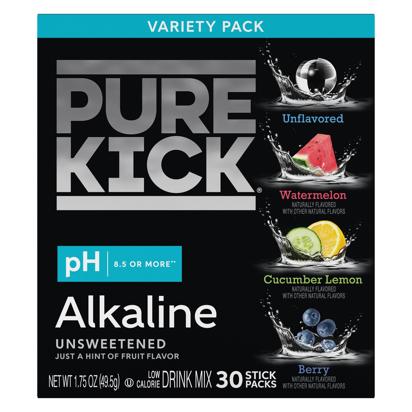 Pure Kick Alkaline Variety Pack - Watermelon, Berry, Cucumber Lemon and Unflavored, 30 Servings per Box