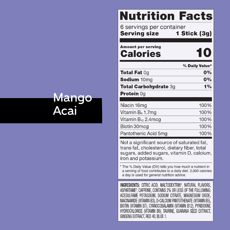 Pure Kick Energy Mango Acai Nutritional Facts, Pure Kick Energy Mango Acai Nutritional Information, Mango acai drinks, drinks with mango, drinks with acai, drink mixes with acai, drink mixes with manga, energy drinks with mango, energy drinks with acai