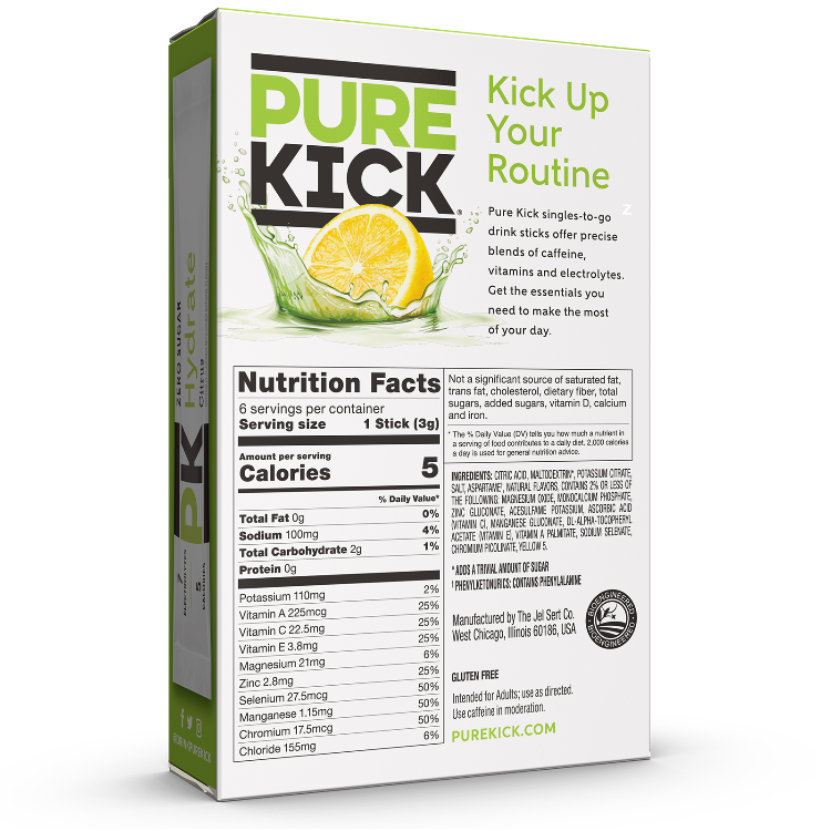 Pure Kick Citrus Hydrate Ingredients, Pure Kick Citrus Hydrate Back of Box, Pure Kick Citrus, Citrus drinks, citrus drink mixes, citrus powdered drink mix, citrus flavored water, citrus water flavoring
