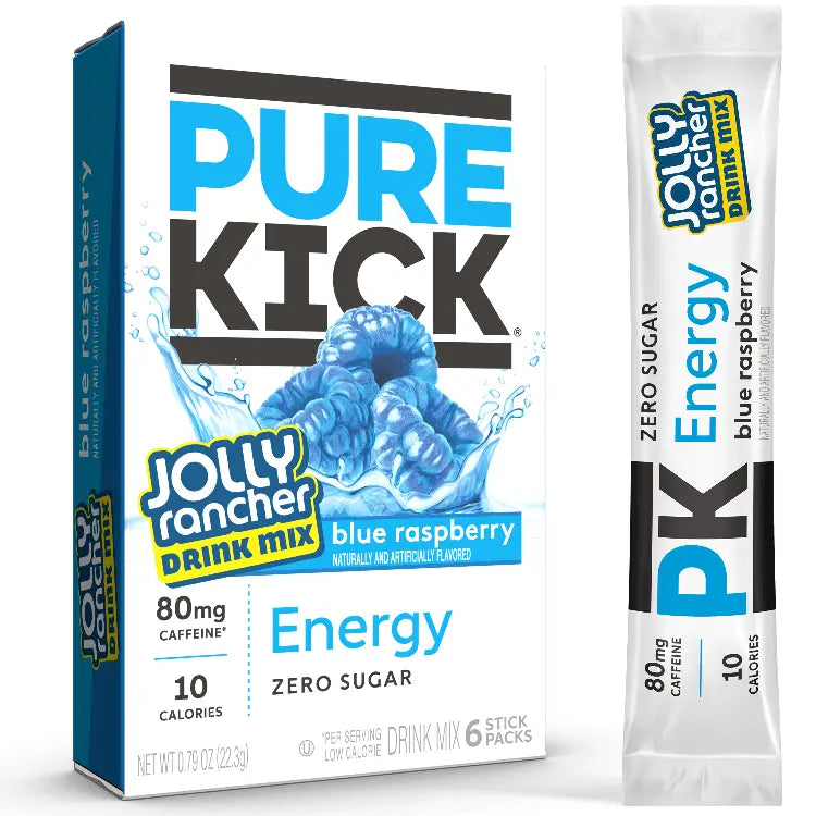 Box and stick pack of PURE KICK Energy Drink Mix in Blue Raspberry flavor, featuring Jolly Rancher branding, with 80 mg of caffeine, zero sugar, and 10 calories per serving.
