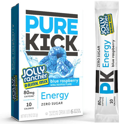 Box and stick pack of PURE KICK Energy Drink Mix in Blue Raspberry flavor, featuring Jolly Rancher branding, with 80 mg of caffeine, zero sugar, and 10 calories per serving.