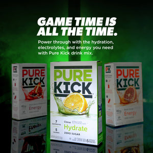 Advertising image for Pure Kick drink mix, three boxes of flavored electrolyte drink mix, citrus, berry, and blood orange flavors, tagline 