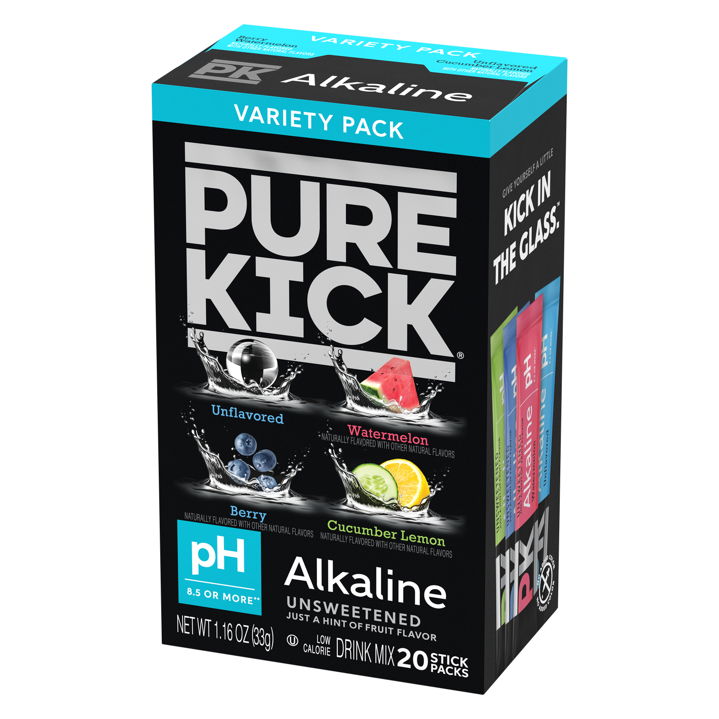 Pure Kick Alkaline Variety Pack - Watermelon, Berry, Cucumber Lemon and Unflavored, 20 Servings per Box
