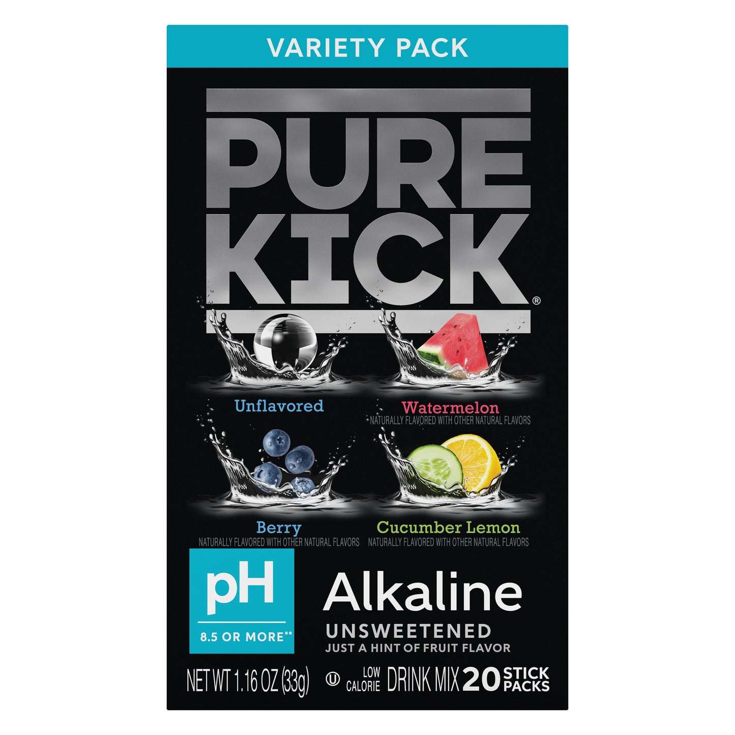 Pure Kick Alkaline Variety Pack - Watermelon, Berry, Cucumber Lemon and Unflavored, 20 Servings per Box