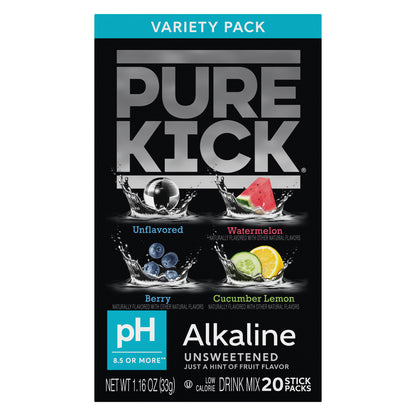 Pure Kick Alkaline Variety Pack - Watermelon, Berry, Cucumber Lemon and Unflavored, 20 Servings per Box