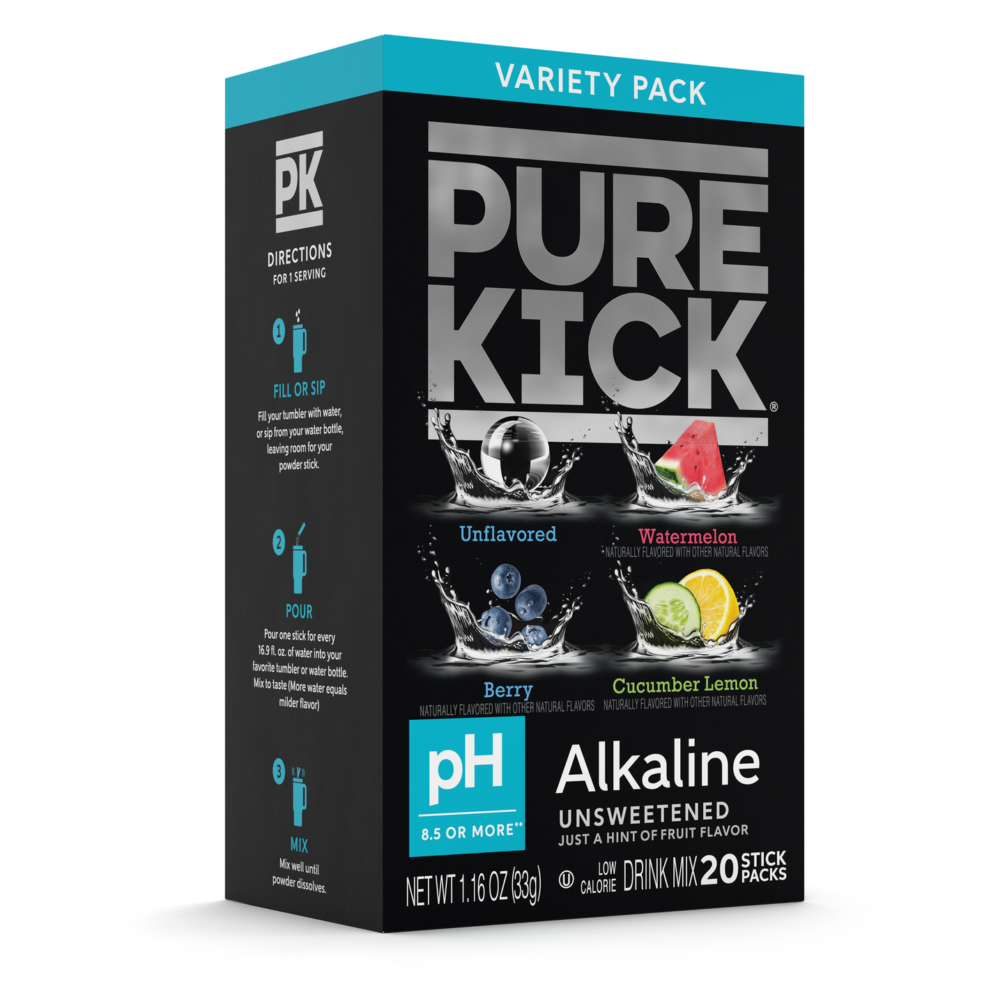 Pure Kick Alkaline Variety Pack - Watermelon, Berry, Cucumber Lemon and Unflavored, 20 Servings per Box