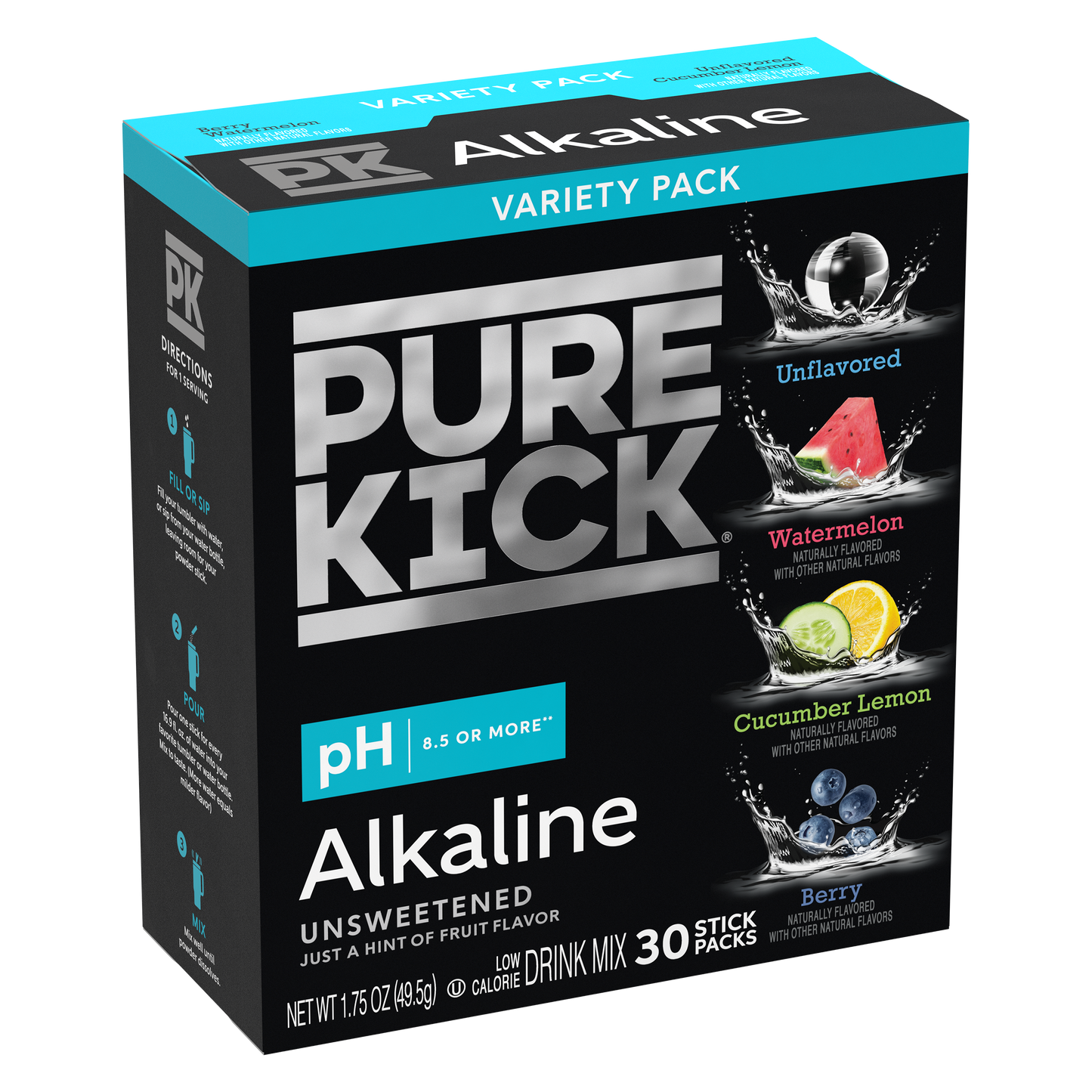 Pure Kick Alkaline Variety Pack - Watermelon, Berry, Cucumber Lemon and Unflavored, 30 Servings per Box