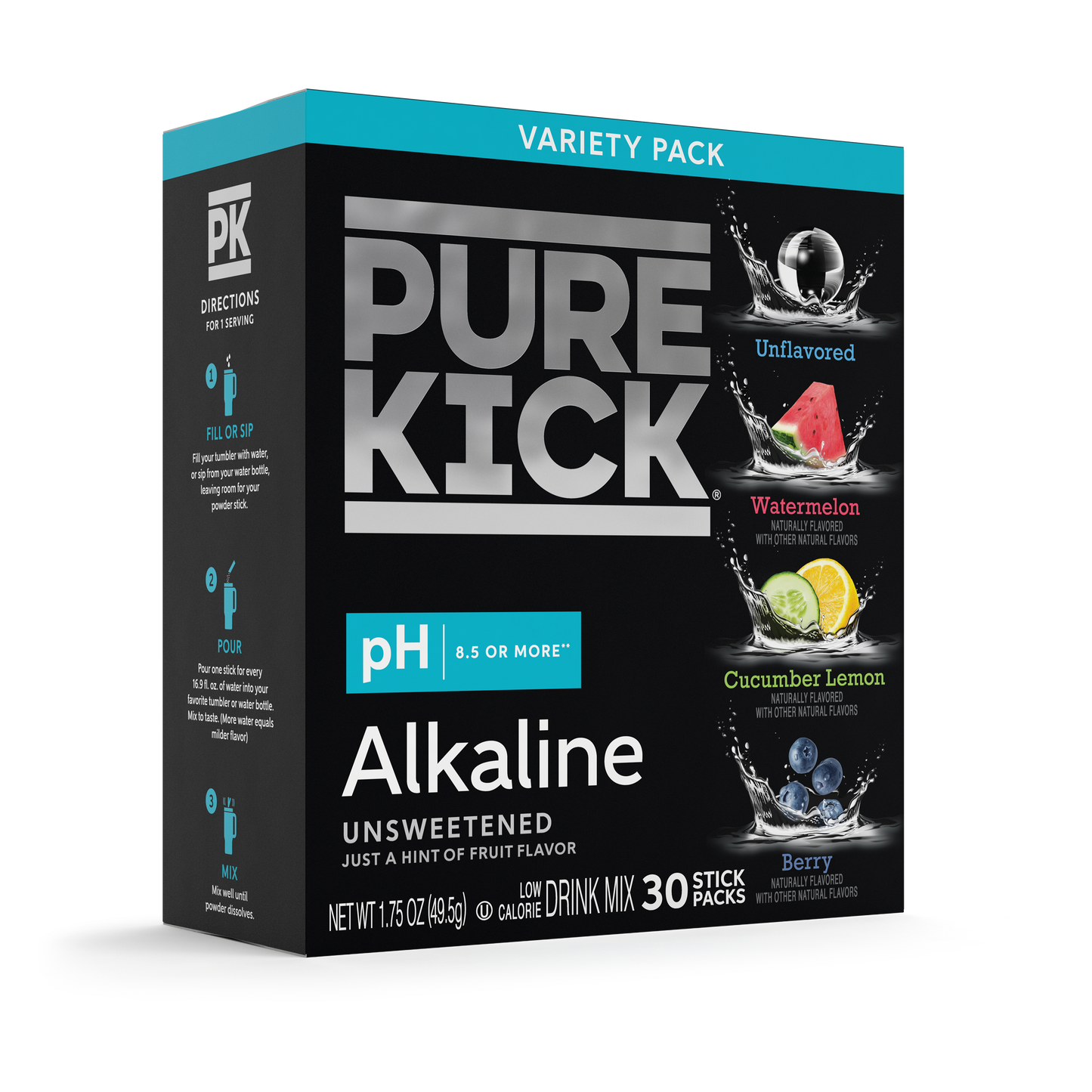 Pure Kick Alkaline Variety Pack - Watermelon, Berry, Cucumber Lemon and Unflavored, 30 Servings per Box