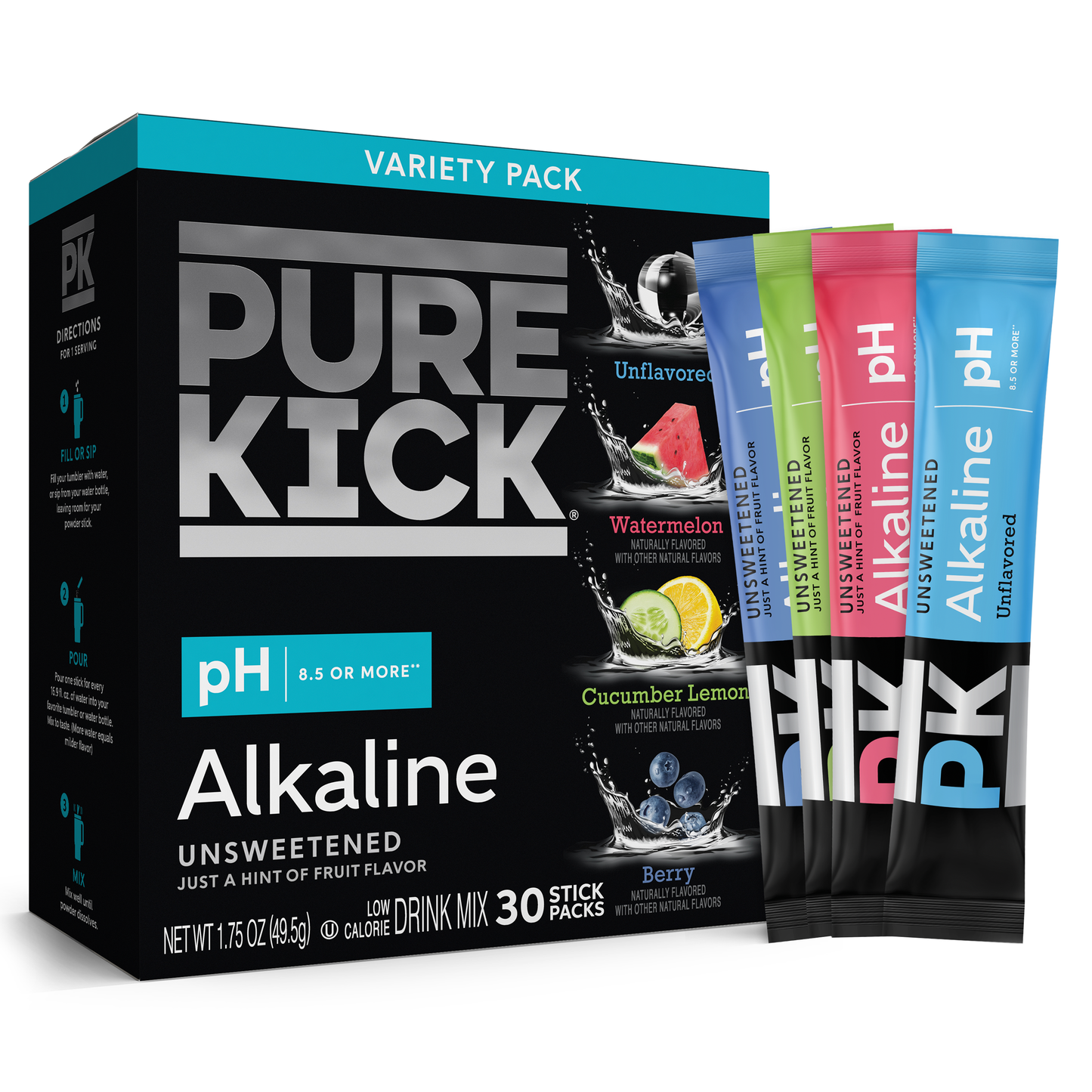 Pure Kick Alkaline Variety Pack - Watermelon, Berry, Cucumber Lemon and Unflavored, 30 Servings per Box
