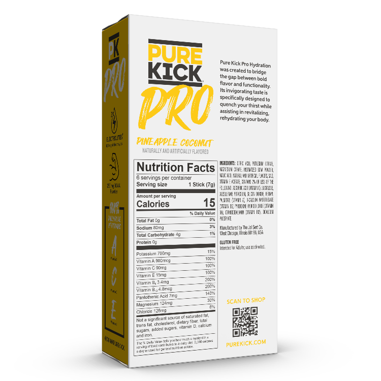 Pure Kick Pro Pineapple Coconut Hydration Packets Nutrition Facts, Pure Kick Pro Pineapple Coconut Hydration Back of Box