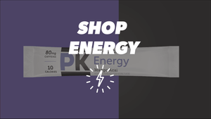 Shop Energy, Shop Energy Drink Mix Flavors, PK Energy Drink Mix Pouch on a purple and black split background