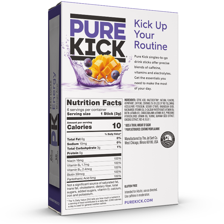 Pure Kick Mango Acai Ingredients, Pure Kick Mango Acai Back of Box, Pure Kick Mango Acai Singles to Go. Pure Kick Energy Singles to Go, Pure Kick Energy STG, Energy singles to go, singles to go energy