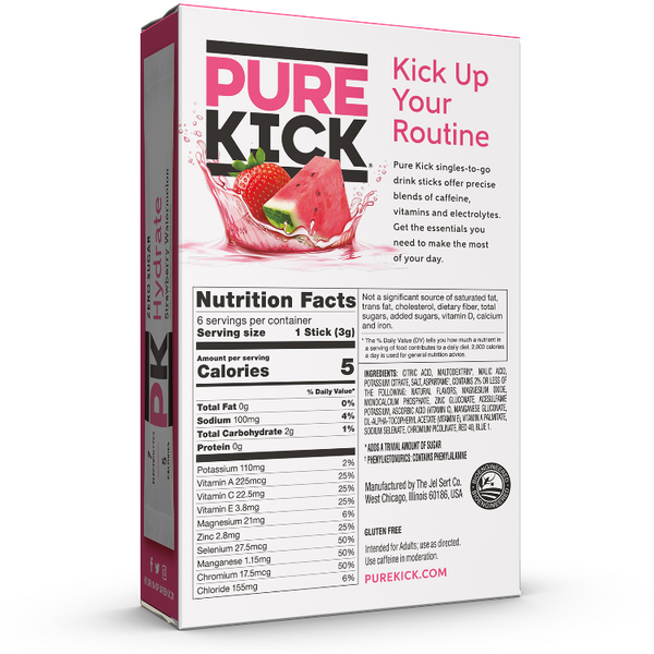 Pure Kick Strawberry Watermelon Ingredients, PK Hydrate, PK Strawberry Watermelon, PK Hydrate, PK, Pure Kick drinks, Pure Kick strawberry Watermelon back of box